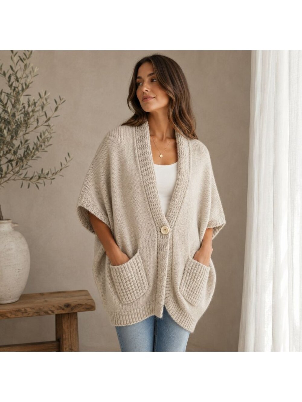 Love Stitch Cocoon Cardigan Sweater Medium Cream Oversized Boho Pocket Wool